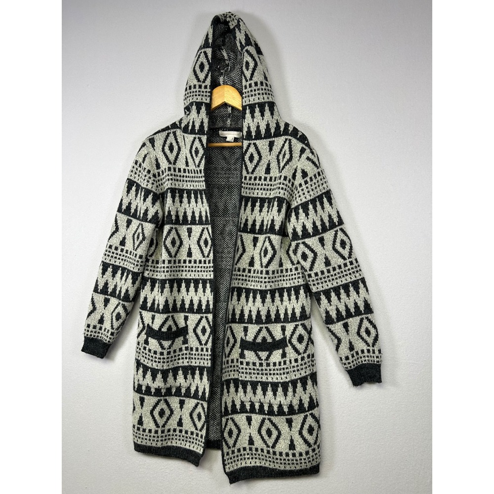 Boho Tribal Monteau Los Angeles Womens M Black White Geometric Hooded Cardigan - Picture 10 of 10